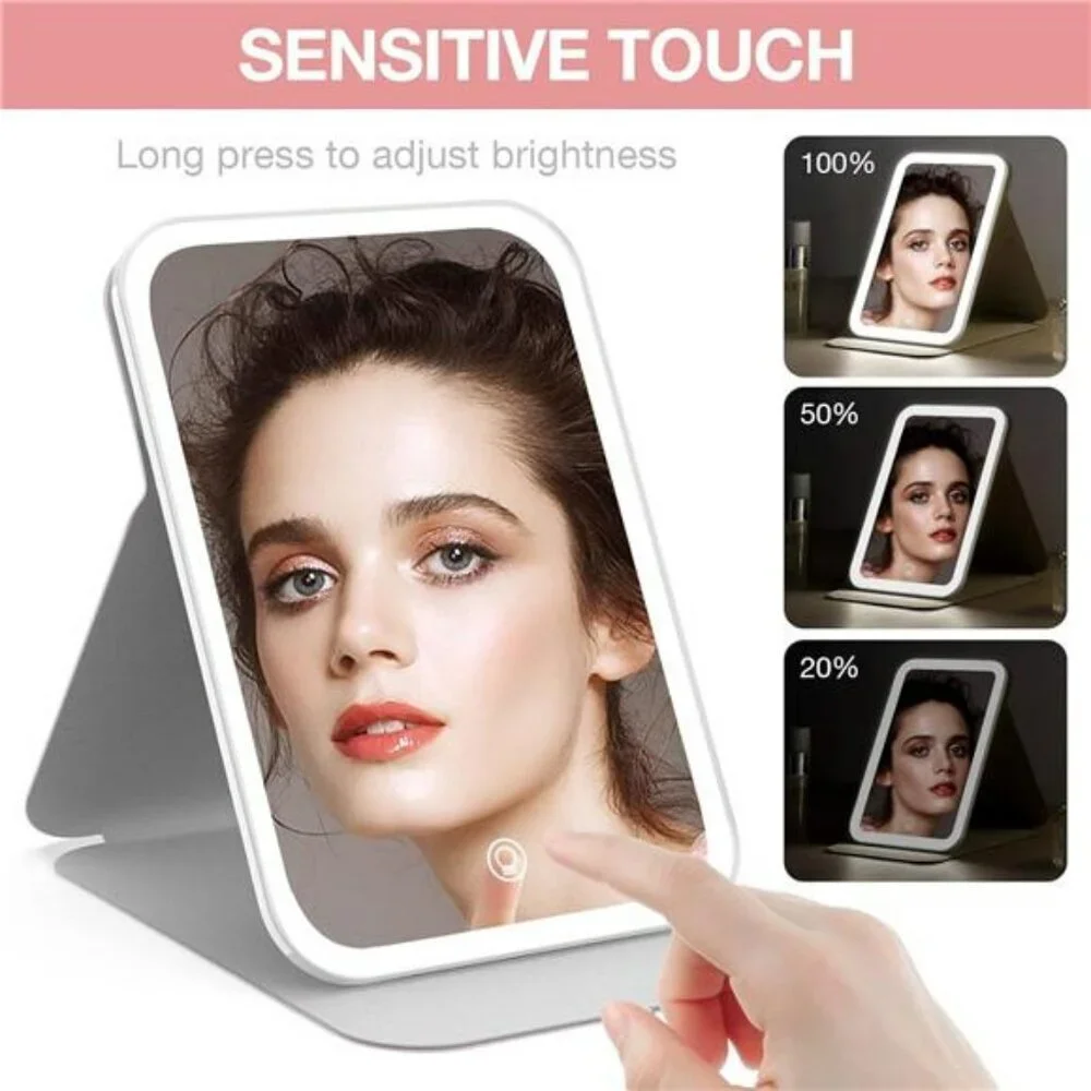 LED Lighted Travel Makeup Mirror Rechargeable Dimmable Portable Vanity Pink